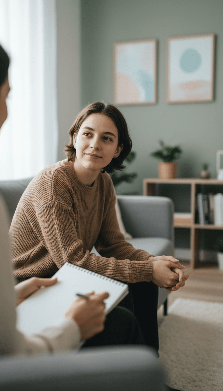 Young adult client sitting thoughtfully during therapy session with therapist visible at edge of frame