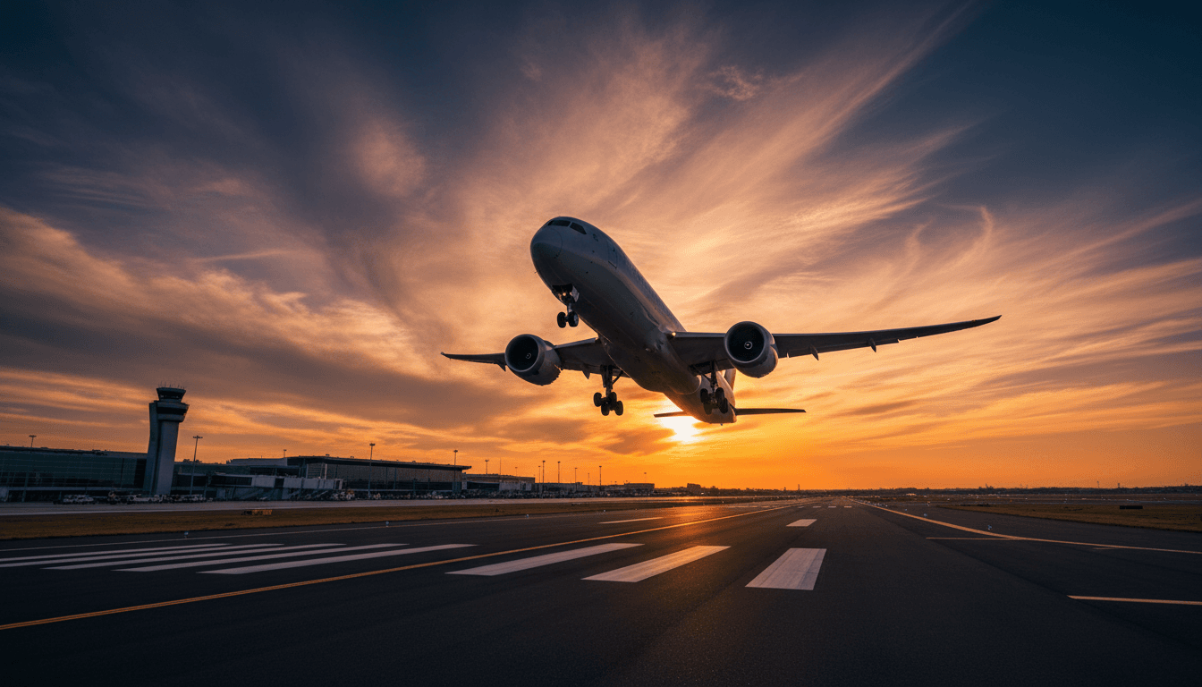 Commercial jet aircraft lifting off from runway during dramatic sunset with airport infrastructure in background